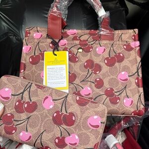 Cherry Patterned Women's Bag and Wallet Set